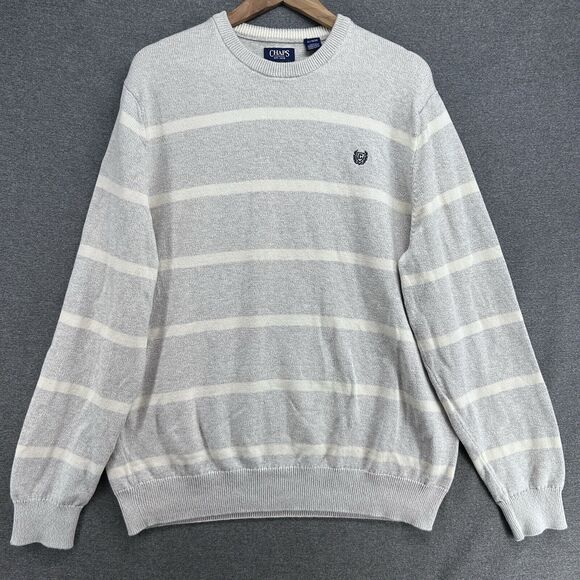 CHAPS Sweater Men's XL Grey White Stripe Classic Logo Chest Crew Neck - Picture 1 of 9